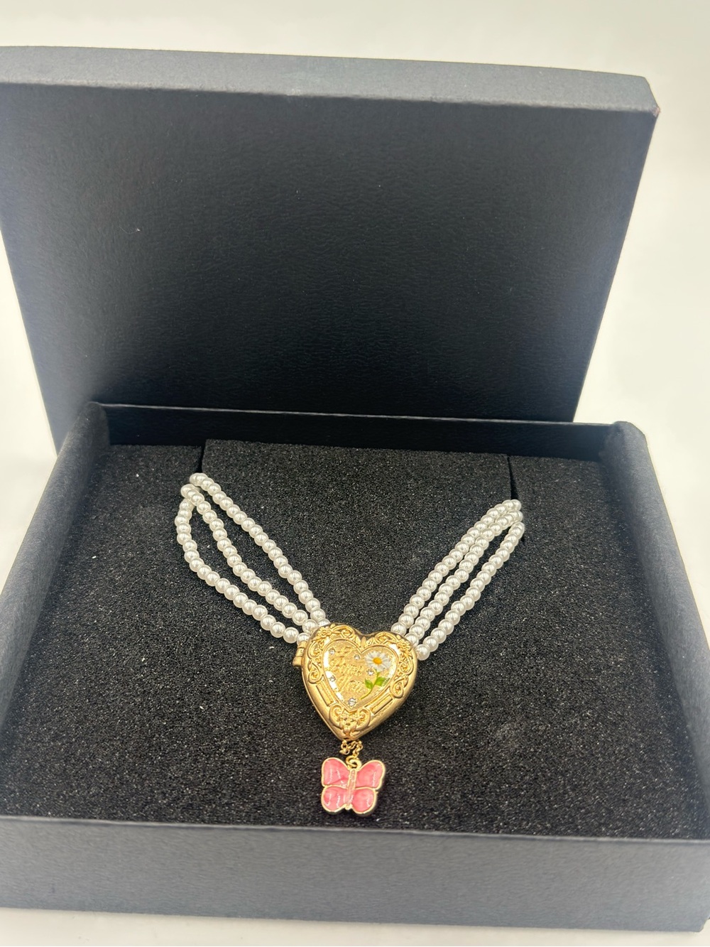 Betsey Johnson Gold Heart Locket Necklace w/ Pink Butterfly & White Pearls NIB